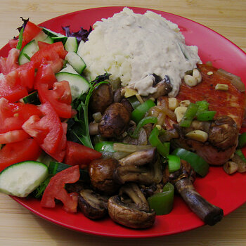 Pork Chop with Mushrooms, Mashed Potatoes and Salad