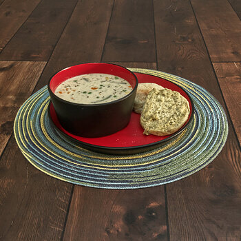 New England Clam Chowder with a Golden Dill English Muffin