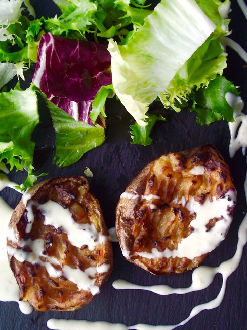 Baked Potatoes with Marmite Butter and Stilton Sauce