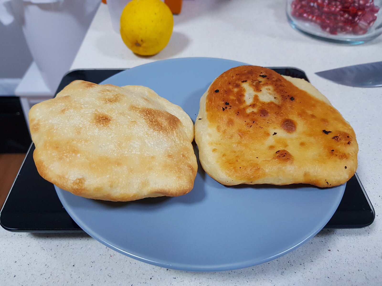 Bhatura (in air fryer on left, shallow fried on right)