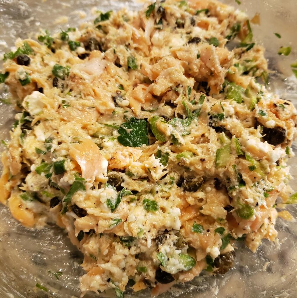 Salmon, capers, and asparagus stuffed arancini stuffing mix.jpg