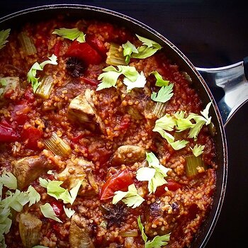 Pomegranate Chicken Stew with Celery an Bulgur