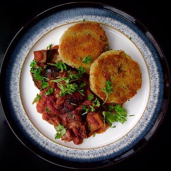 Mushy Pea and Sprout Patties with Roasted Aubergine and Peppers