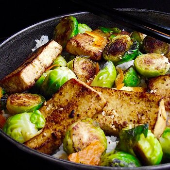Charred tofu and Brussels Sprouts with Ginger and Tangerine