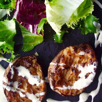 Baked Potatoes with Marmite Butter and Stilton Sauce