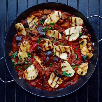 Charred Haloumi, Pepper and Aubergine Stew