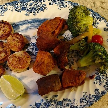 Seared Scallops..Cajun Roasted Sweet Potatoes...Brocolli Pompanero