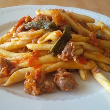 Fileja pasta with sausage, sage and cherry tomatoes