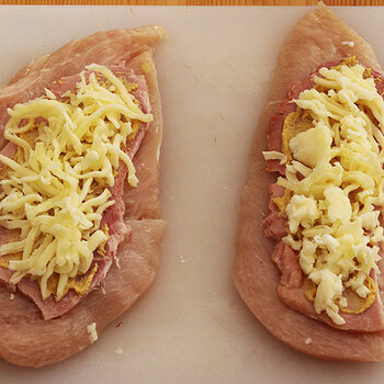 Chicken, ham, mustard and mozarella cheese.