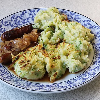With sausages and a little onion gravy.