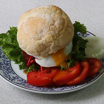 Duck egg chilli burger.