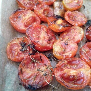 Baked Cherry Tomatoes with fresh thyme and grated Parmesan