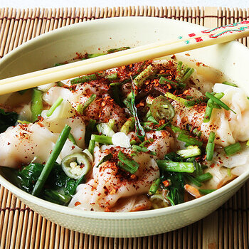 Charsiu noodles with prawn wontons.