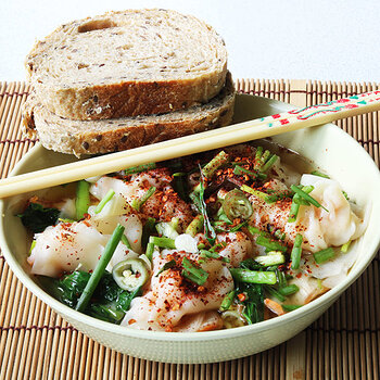 Char siu noodles with prawn wontons and bread.