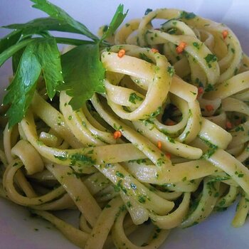 Fettuccine with celery leaves pesto