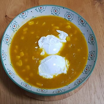 Sweet Potato, Pumpkin and Corn Chowder with poached eggs