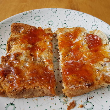 Home-made bread, home-made vegan butter and someone else's home-made damson and plum jam