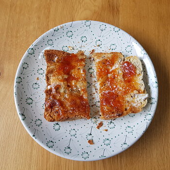 Home-made bread, home-made vegan butter and someone else's home-made damson and plum jam