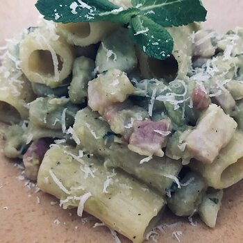 Rigatoni with broad beans, guanciale, Pecorino.jpeg