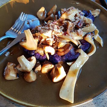 Purple Cauliflower Steak, Aka Miso, Mushroom Medley, Burnt Onion Jus
