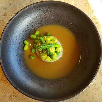 Edamame Flan, Asparagus, White Miso & Shiitake Broth, Salted Baked Kohlrabi, Yuzu