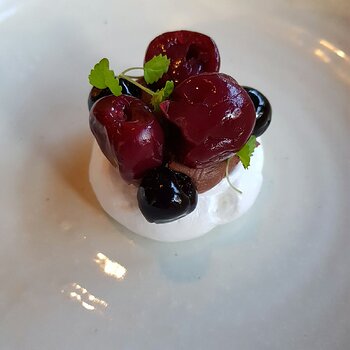 Aquafaba Meringue, Dark Chocolate Mousse, Morrello Cherries & Sour Cherries