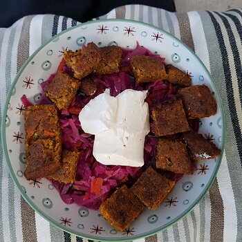 Sweet & Sour Red Cabbage Soup with a veggie burger for protein