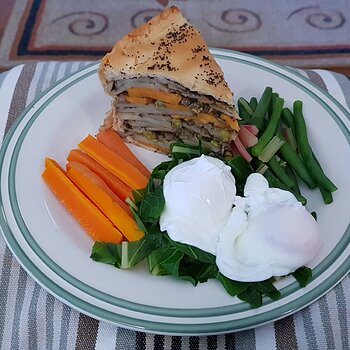 Indian Potato Pie, Poached Eggs, Carrots, Green Beans & Swiss Chard