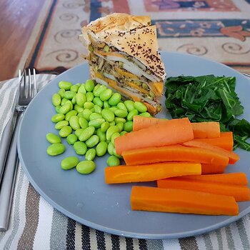 Indian Potato Pie, Carrots, Chard & Edamane beans