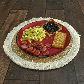 Scrambled Eggs, Bratwurst, Blueberry Toast and a Hash Brown Patty