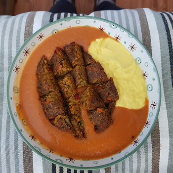 Cold Tomato & Corn Soup served with a veggie burger