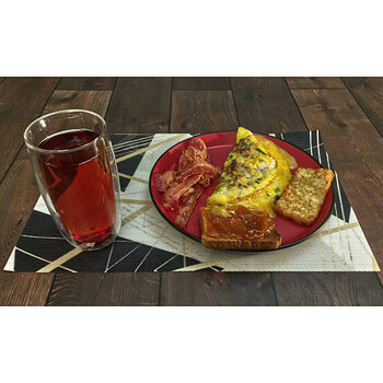 Omelette, Bacon, Hash Brown Patty, Pear Butter Toast and Cranberry Juice