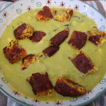 Cold Courgette & Sweetcorn Soup with a veggie burger