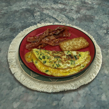 Cheese Omelette, Bacon and a Hash Brown Patty