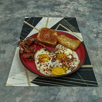 Bacon, Eggs, Pear Butter Toast and a Hash Brown Patty