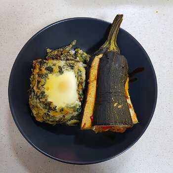 Colcannon, egg and baked stuffed marrow