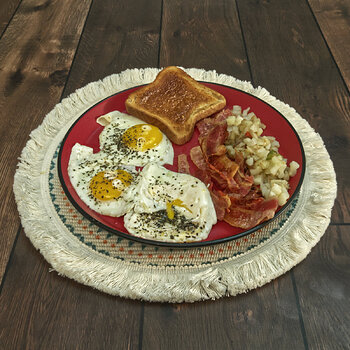 Bacon, Eggs, Hash Browns and Honey Toast