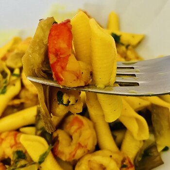 Saffron Garganelli with Prawns and Artichokes.jpeg