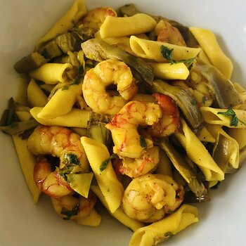 Saffron Garganelli with Prawns and Artichokes.jpeg