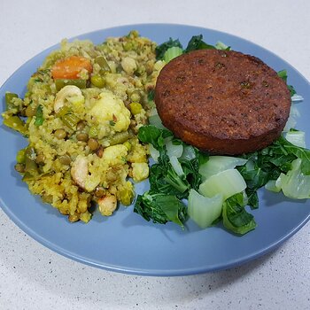 Kharachi, veggie burger & pak choy