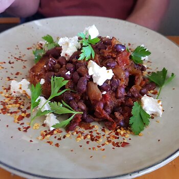 Smokey Chili Black Beans on Polenta Cornbread