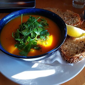 Butternut Squash & Sweet Potato Soup with Garlicky Sourdough