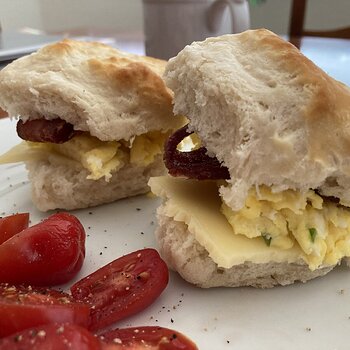 American-Style Biscuits stuffed with Bacon, Cheese and Scrambled Eggs
