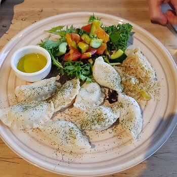 Pierogi (Polish Dumplings) with salad