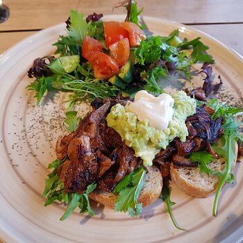 Pulled Jackfruit Burger on sourdough with salad