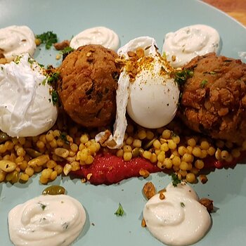 Couscous, Courgette Balls and Poached Eggs