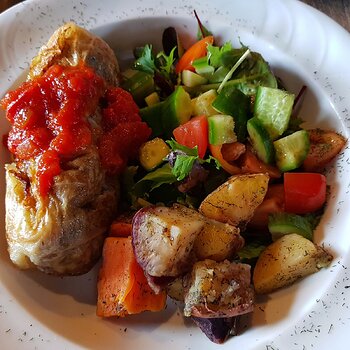 Khazakstan Cabbage Roll with roast potatoes, sweet potatoes & salad