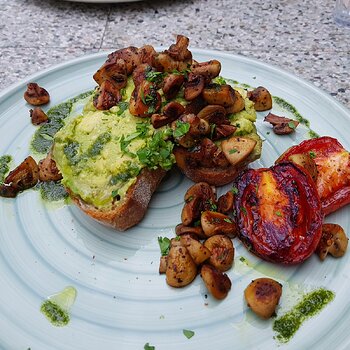 Smashed Avo & Fried Mushrooms on sourdough toast