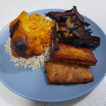 Baked Cauliflower with Brown Basmati Rice and Aubergine 'Bacon'