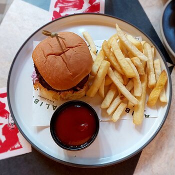 Hubby's "Southern Chick'n Burger with fries